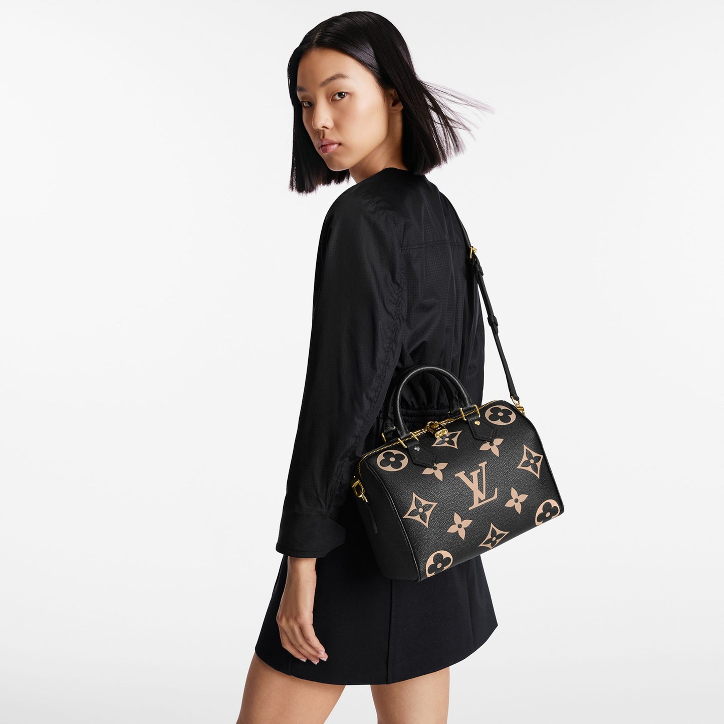 Louis Vuitton M58947 Speedy Bandoulière 25 Bicolor Monogram Empreinte Leather Black Beige
